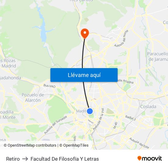 Retiro to Facultad De Filosofía Y Letras map