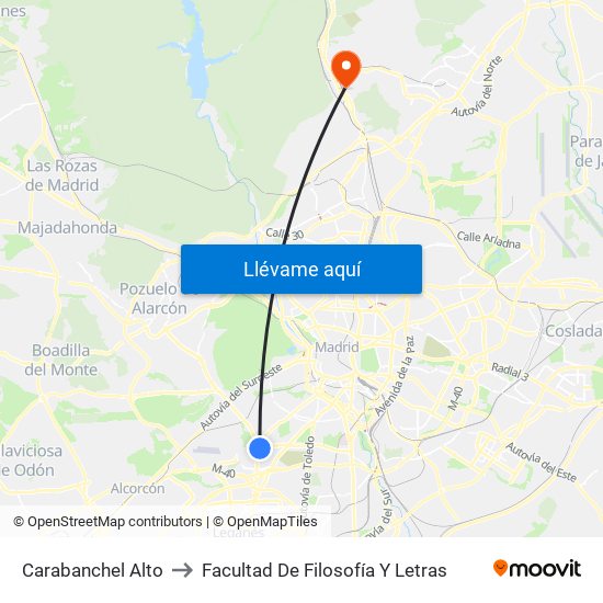 Carabanchel Alto to Facultad De Filosofía Y Letras map