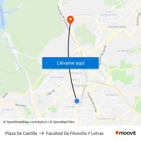 Plaza De Castilla to Facultad De Filosofía Y Letras map