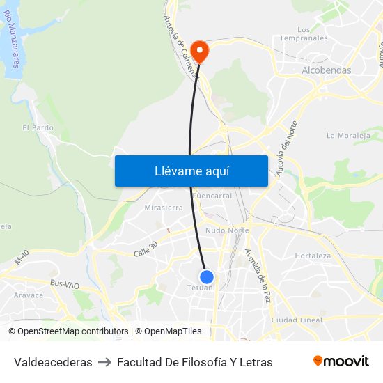 Valdeacederas to Facultad De Filosofía Y Letras map