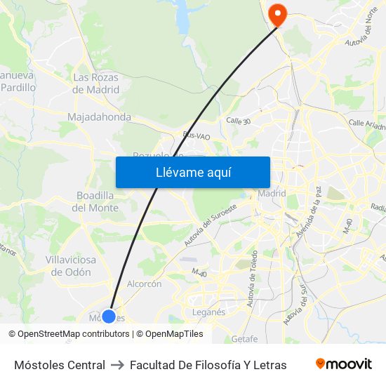 Móstoles Central to Facultad De Filosofía Y Letras map