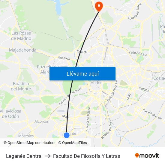 Leganés Central to Facultad De Filosofía Y Letras map