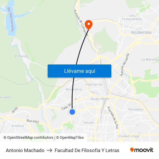 Antonio Machado to Facultad De Filosofía Y Letras map