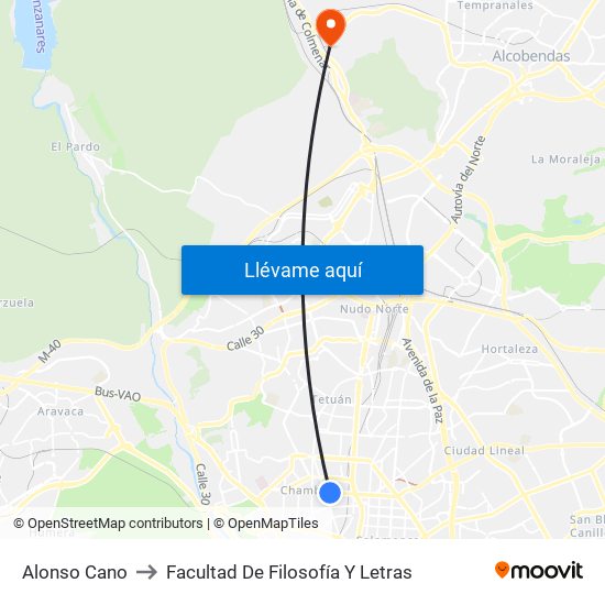 Alonso Cano to Facultad De Filosofía Y Letras map