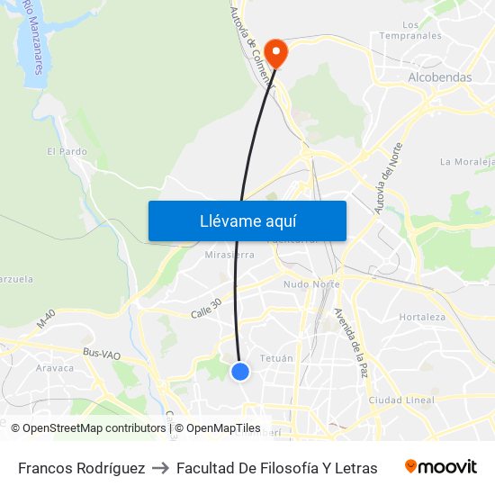 Francos Rodríguez to Facultad De Filosofía Y Letras map