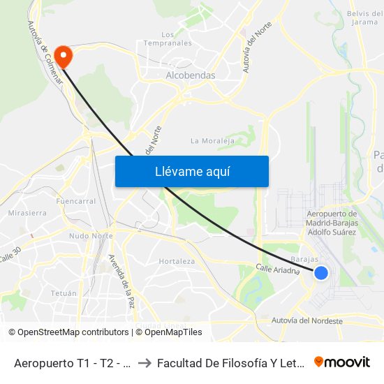 Aeropuerto T1 - T2 - T3 to Facultad De Filosofía Y Letras map