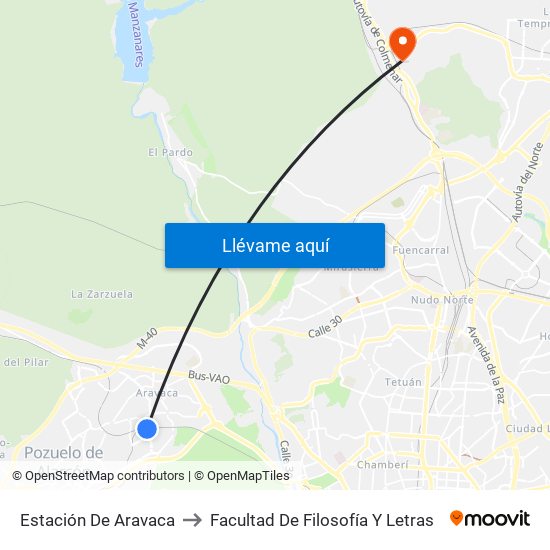Estación De Aravaca to Facultad De Filosofía Y Letras map