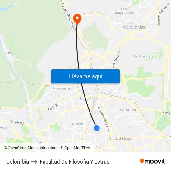 Colombia to Facultad De Filosofía Y Letras map