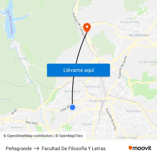 Peñagrande to Facultad De Filosofía Y Letras map
