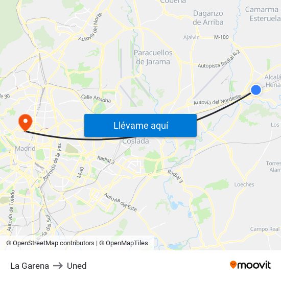 La Garena to Uned map