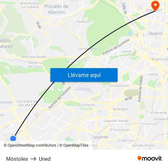 Móstoles to Uned map