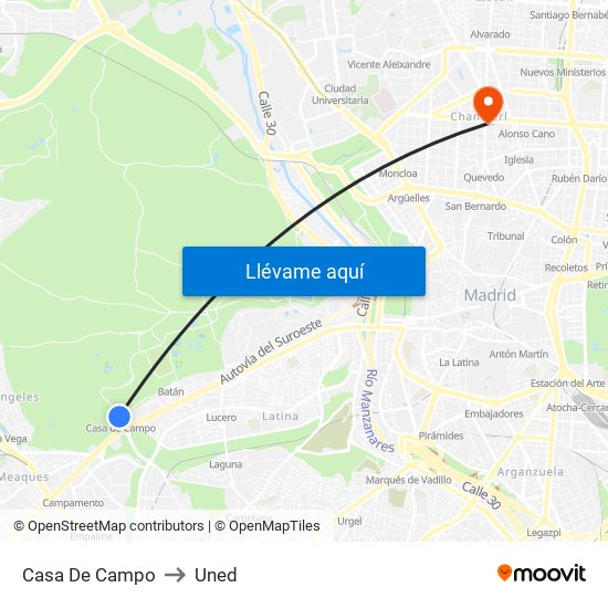 Casa De Campo to Uned map