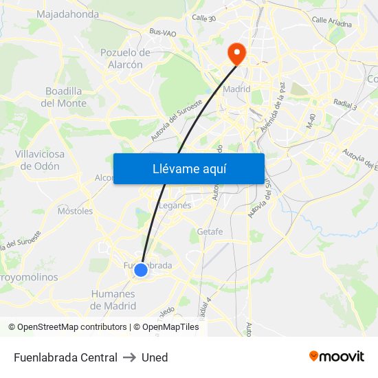 Fuenlabrada Central to Uned map