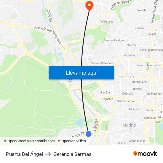 Puerta Del Ángel to Gerencia Sermas map