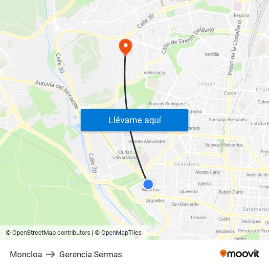 Moncloa to Gerencia Sermas map