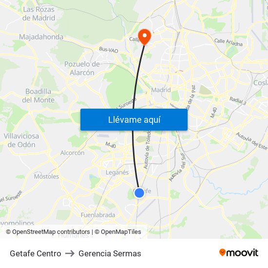Getafe Centro to Gerencia Sermas map