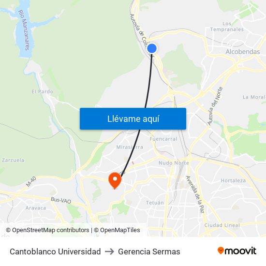 Cantoblanco Universidad to Gerencia Sermas map