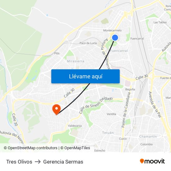 Tres Olivos to Gerencia Sermas map