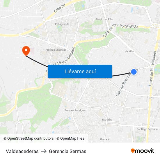 Valdeacederas to Gerencia Sermas map