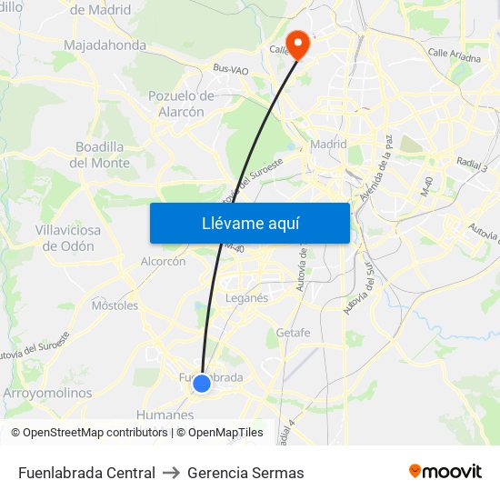 Fuenlabrada Central to Gerencia Sermas map