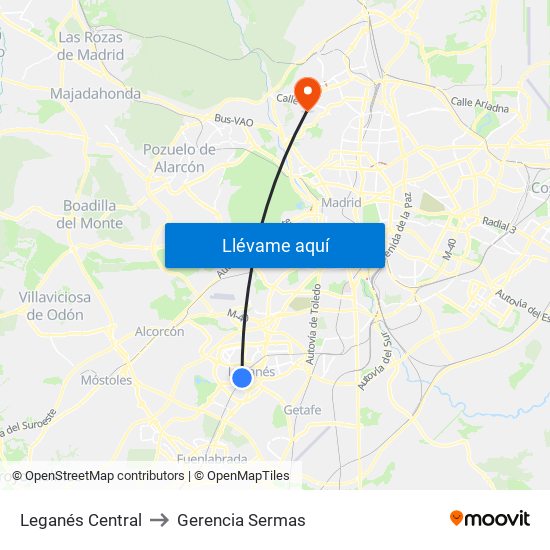 Leganés Central to Gerencia Sermas map