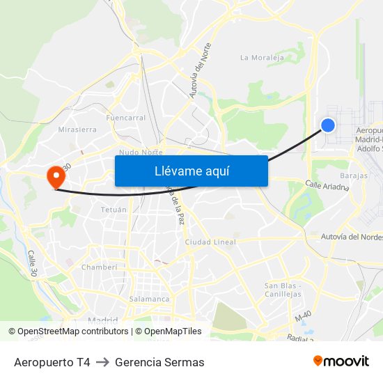 Aeropuerto T4 to Gerencia Sermas map