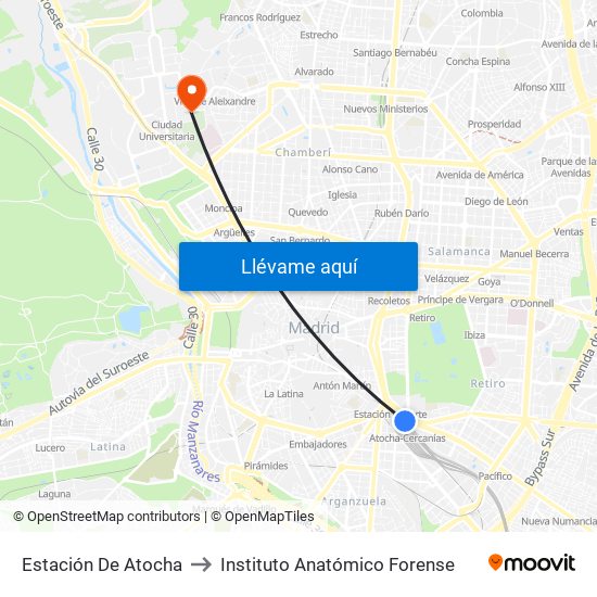 Estación De Atocha to Instituto Anatómico Forense map
