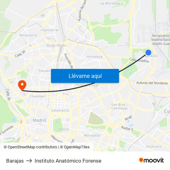 Barajas to Instituto Anatómico Forense map