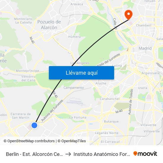 Berlín - Est. Alcorcón Central to Instituto Anatómico Forense map