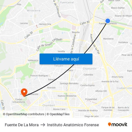 Fuente De La Mora to Instituto Anatómico Forense map