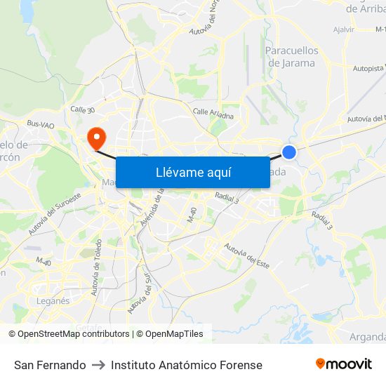 San Fernando to Instituto Anatómico Forense map