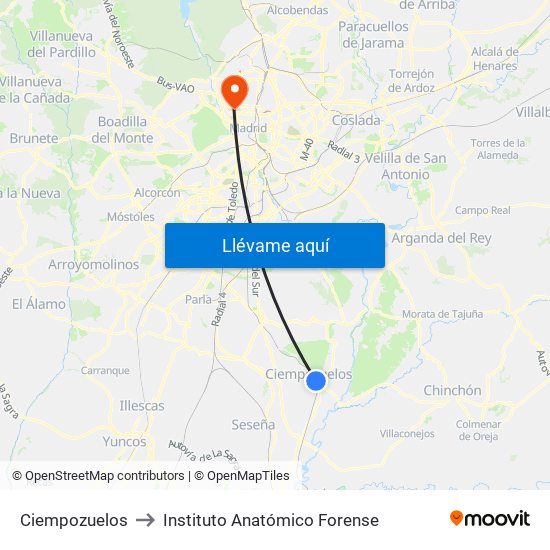 Ciempozuelos to Instituto Anatómico Forense map