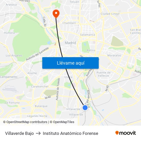 Villaverde Bajo to Instituto Anatómico Forense map