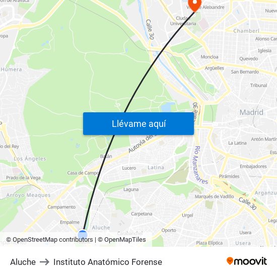 Aluche to Instituto Anatómico Forense map