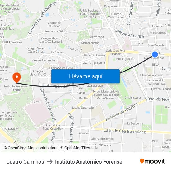 Cuatro Caminos to Instituto Anatómico Forense map