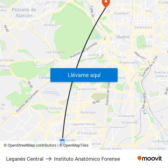 Leganés Central to Instituto Anatómico Forense map