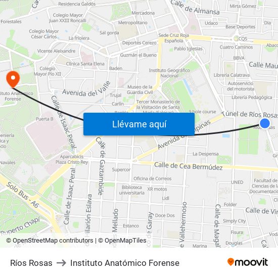 Ríos Rosas to Instituto Anatómico Forense map