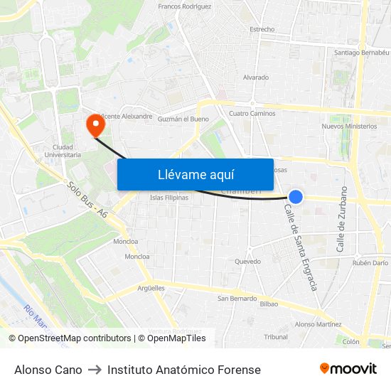 Alonso Cano to Instituto Anatómico Forense map