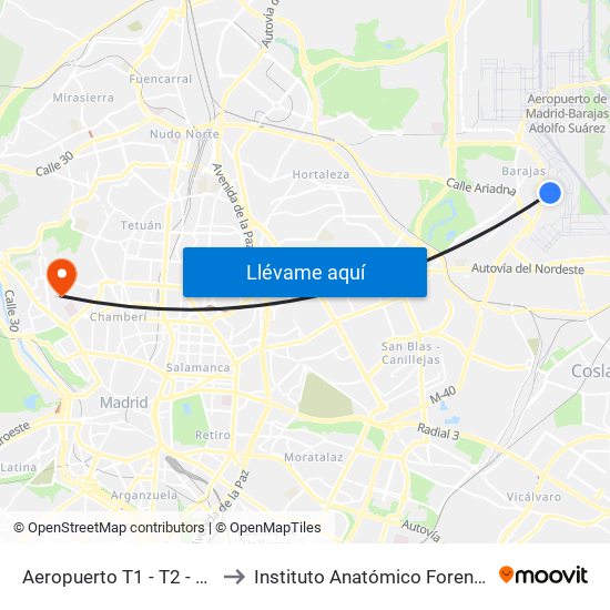 Aeropuerto T1 - T2 - T3 to Instituto Anatómico Forense map