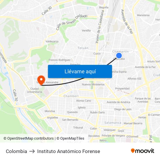 Colombia to Instituto Anatómico Forense map