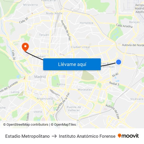 Estadio Metropolitano to Instituto Anatómico Forense map