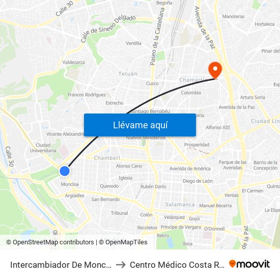 Intercambiador De Moncloa to Centro Médico Costa Rica map