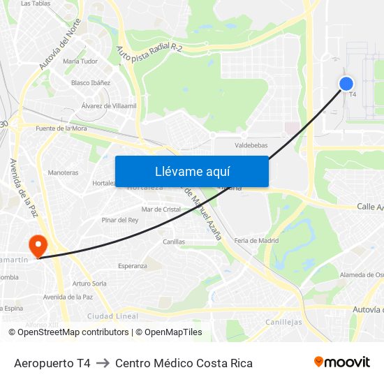 Aeropuerto T4 to Centro Médico Costa Rica map
