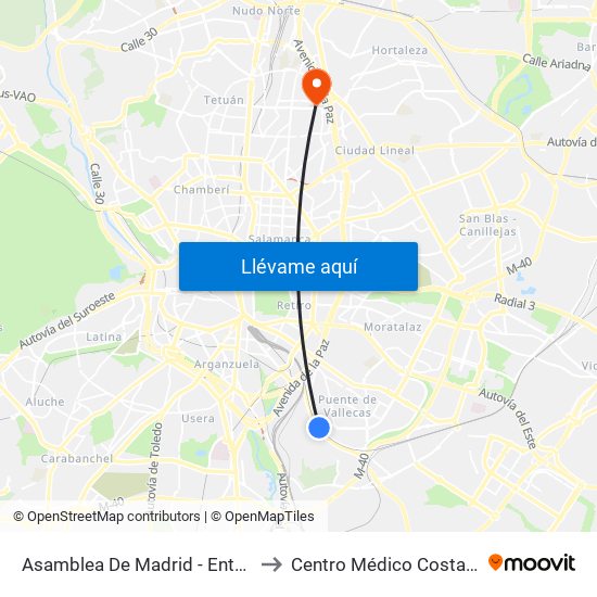 Asamblea De Madrid - Entrevías to Centro Médico Costa Rica map