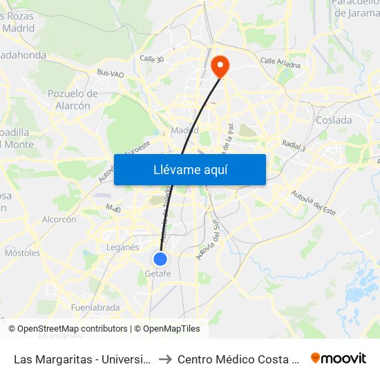 Las Margaritas - Universidad to Centro Médico Costa Rica map