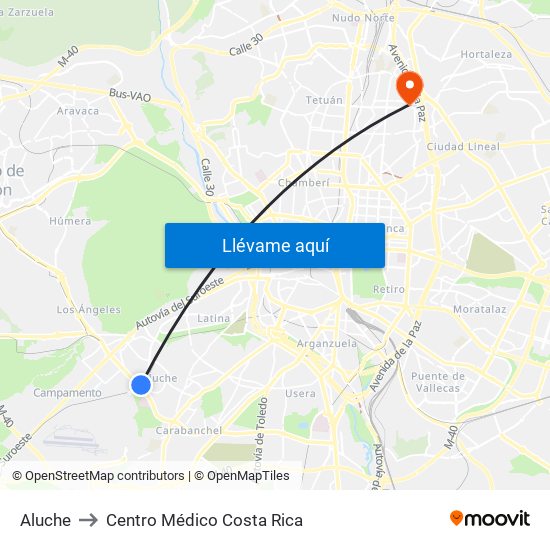 Aluche to Centro Médico Costa Rica map