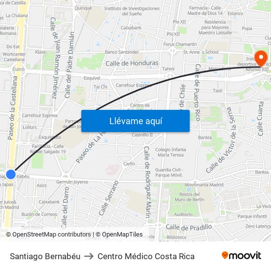 Santiago Bernabéu to Centro Médico Costa Rica map