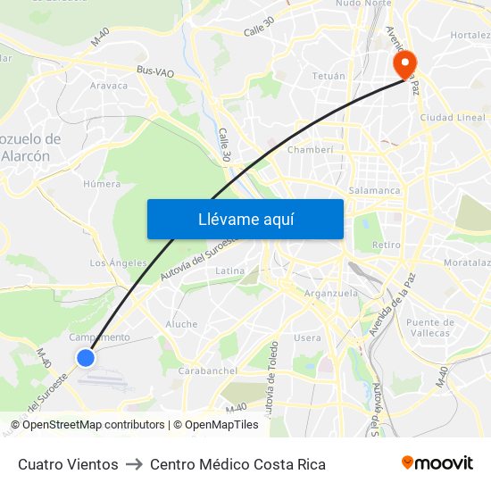 Cuatro Vientos to Centro Médico Costa Rica map