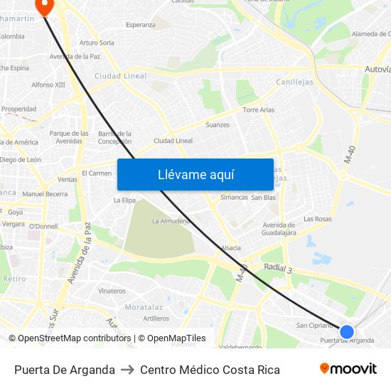 Puerta De Arganda to Centro Médico Costa Rica map