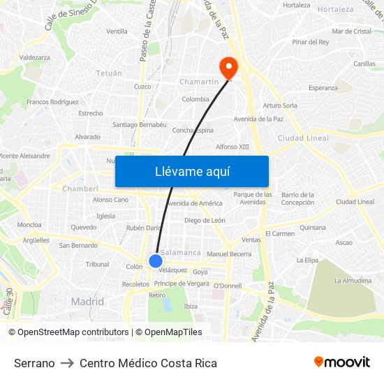 Serrano to Centro Médico Costa Rica map